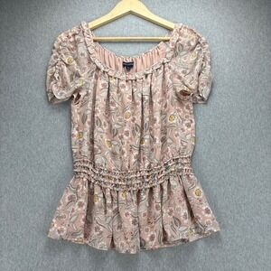 MAX EDITION Top Womens L Rose Pink Knit Floral Smocked Peplum Earthy Blouse NWT